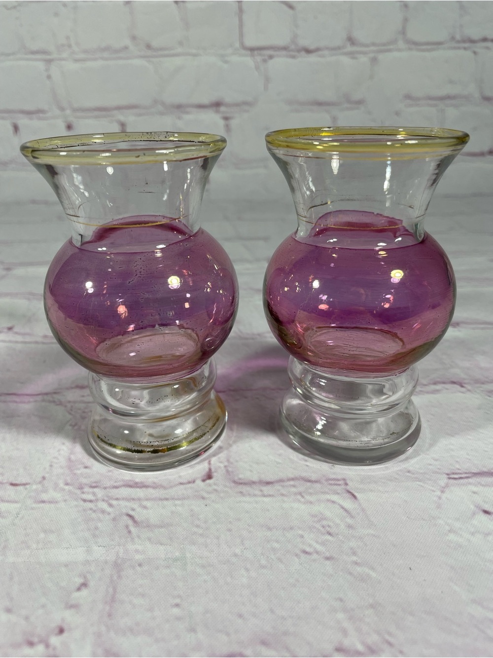 Vintage Bartlett Collins Hand Painted Purple and Gold Glass Bud Vase Pair